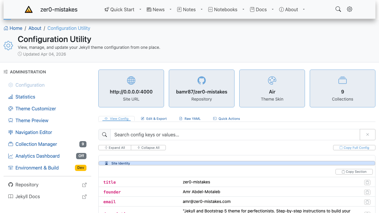 An admin page header with a breadcrumb trail reading "Home / About / Configuration Utility" above the page title
