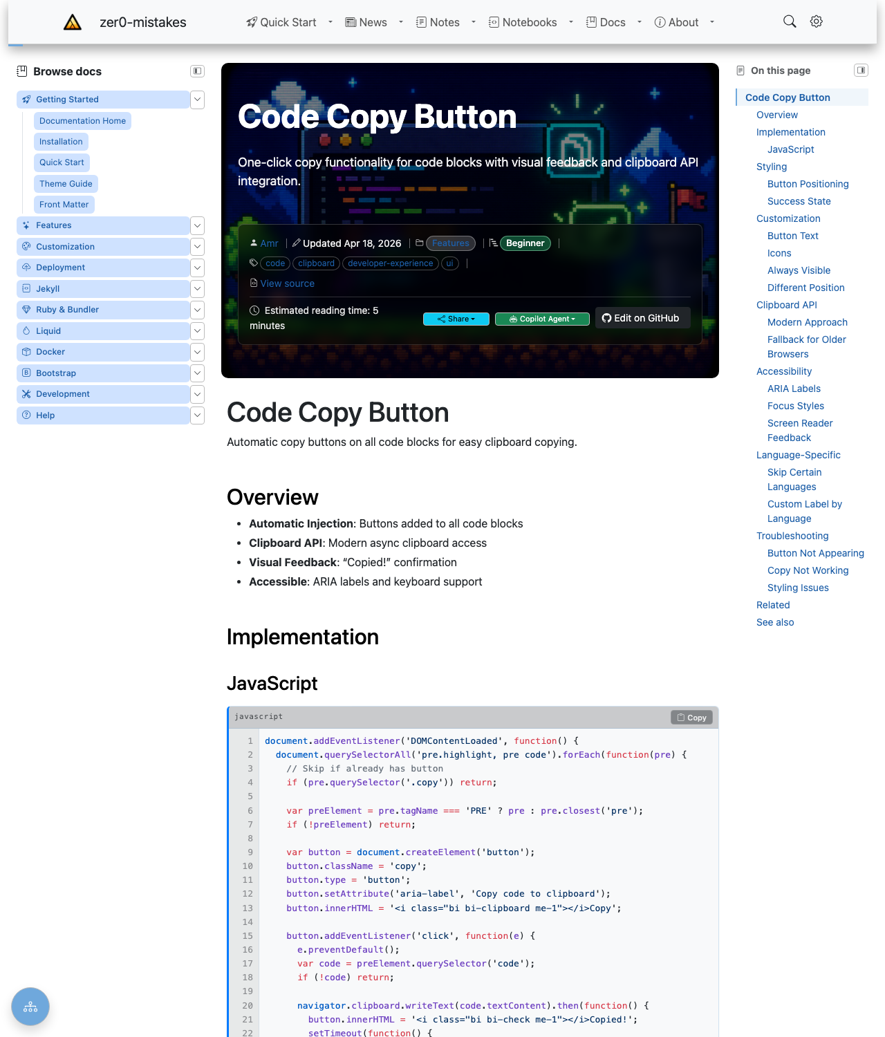 A highlighted JavaScript code block with a "Copy" button in its top-right corner, as rendered across the docs