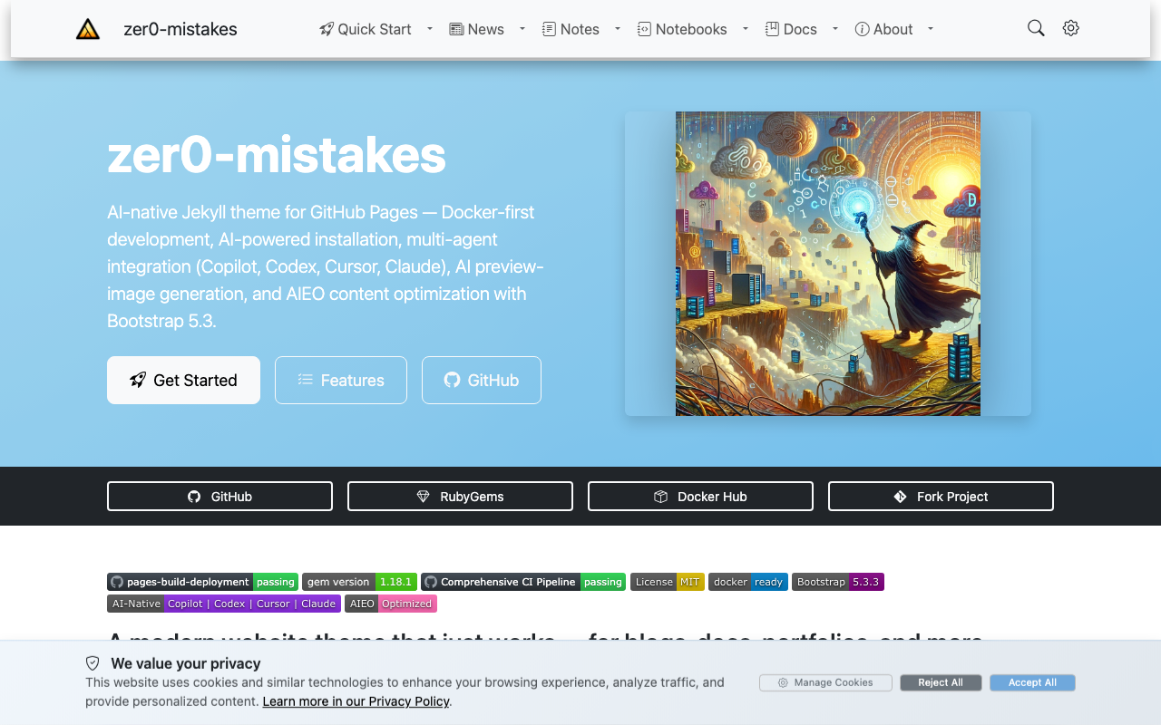The site with the cookie-consent banner pinned along the bottom — "We value your privacy" with Manage Cookies, Reject All, and Accept All actions