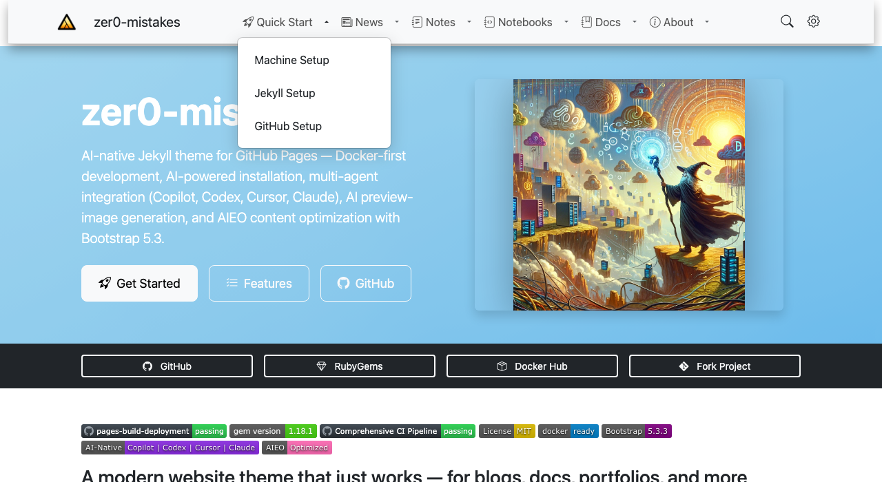 The top navigation bar with the "Quick Start" dropdown open, revealing auto-generated child links (Machine Setup, Jekyll Setup, GitHub Setup)