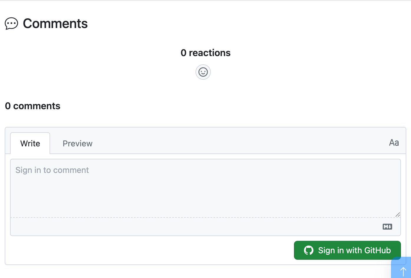 The Comments section of a post rendering the working Giscus widget: "0 reactions" with a reaction button, "0 comments", a Write/Preview tabbed comment box reading "Sign in to comment", and a green "Sign in with GitHub" button