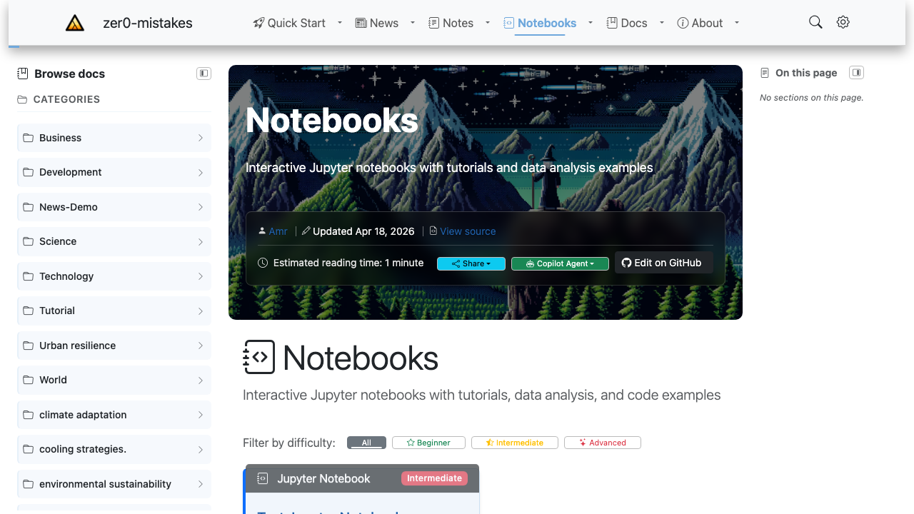 The Notebooks collection landing page: a category sidebar, a difficulty filter, and notebook cards rendered like the rest of the site