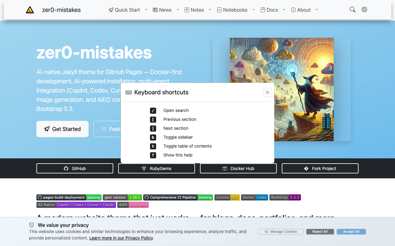 The keyboard shortcuts help modal listing actions such as Open search, Previous/Next section, and Toggle table of contents