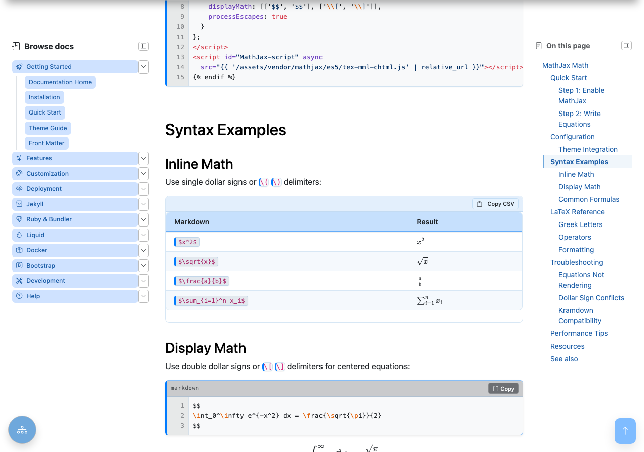 A table mapping LaTeX source to rendered output — $x^2$, $\sqrt{x}$, $\frac{a}{b}$, and $\sum_{i=1}^n x_i$ each typeset as real math by MathJax