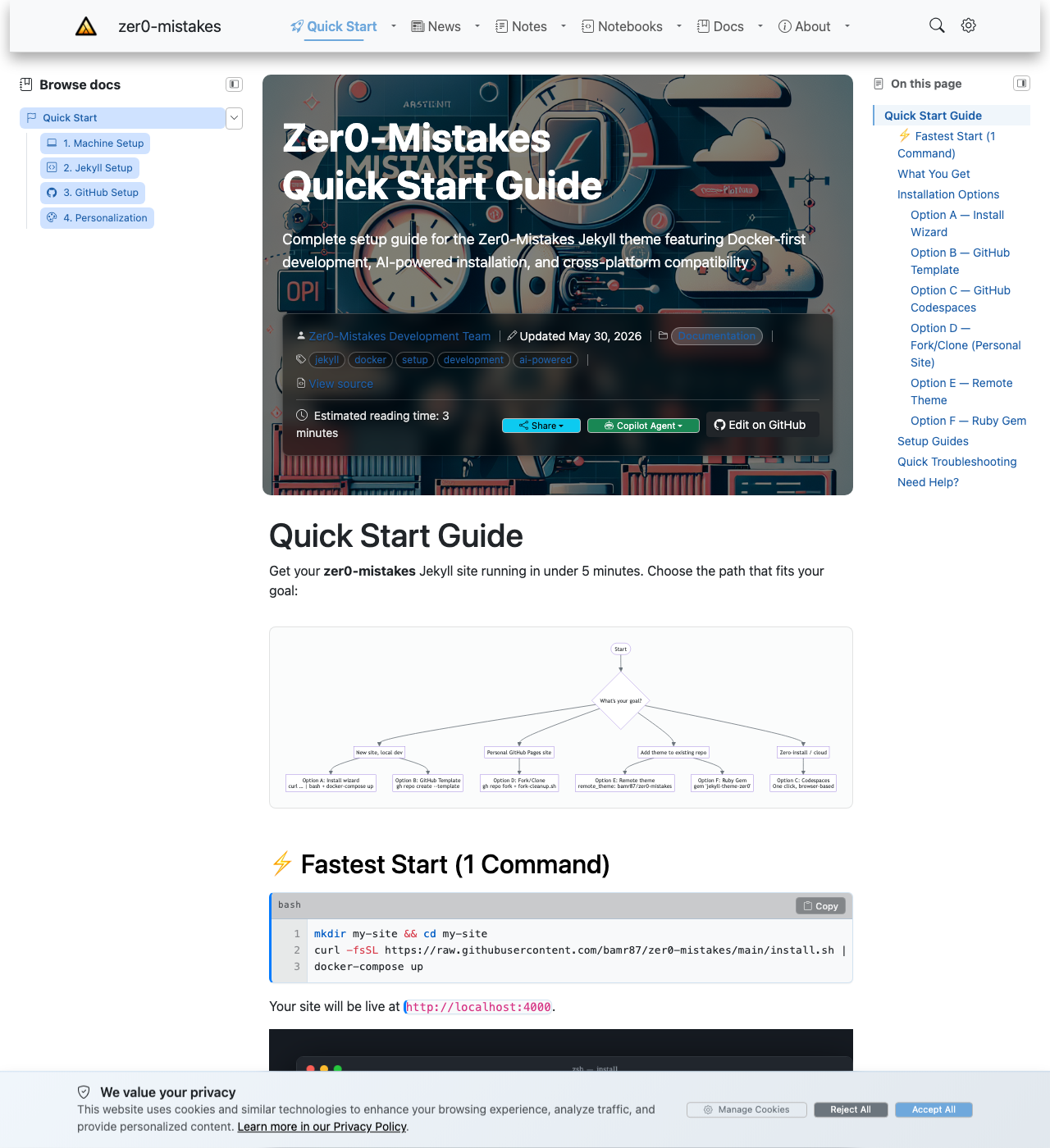 The Quick Start page with a Mermaid flowchart rendered below the intro, branching from "What's your goal?" into the install paths