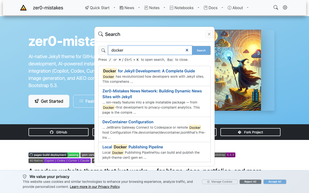 The site search modal open with "docker" typed in, showing live results — each a title and a snippet with the matched term highlighted
