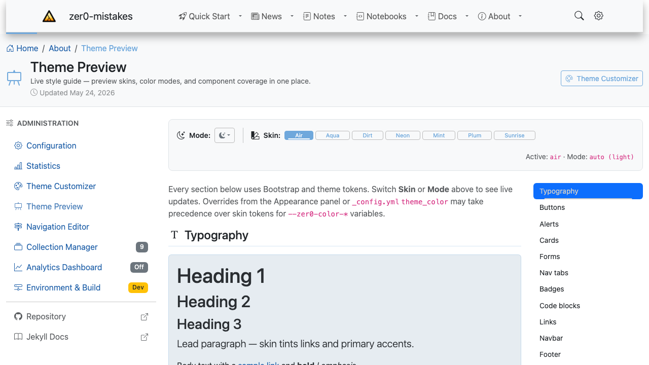 Theme Preview page: a Mode toggle and a Skin selector (Air, Aqua, Dirt, Neon, Mint, Plum, Sunrise) above live component samples, with the current state shown as "Active: air, Mode: auto (light)"