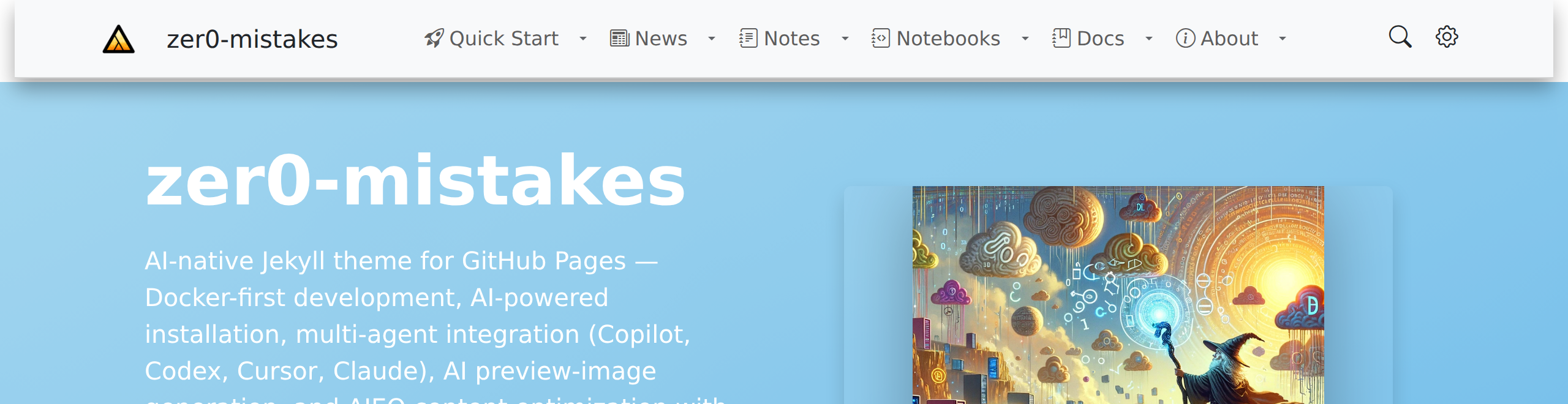 The Zer0-Mistakes theme home page rendered locally, showing the navbar and hero section
