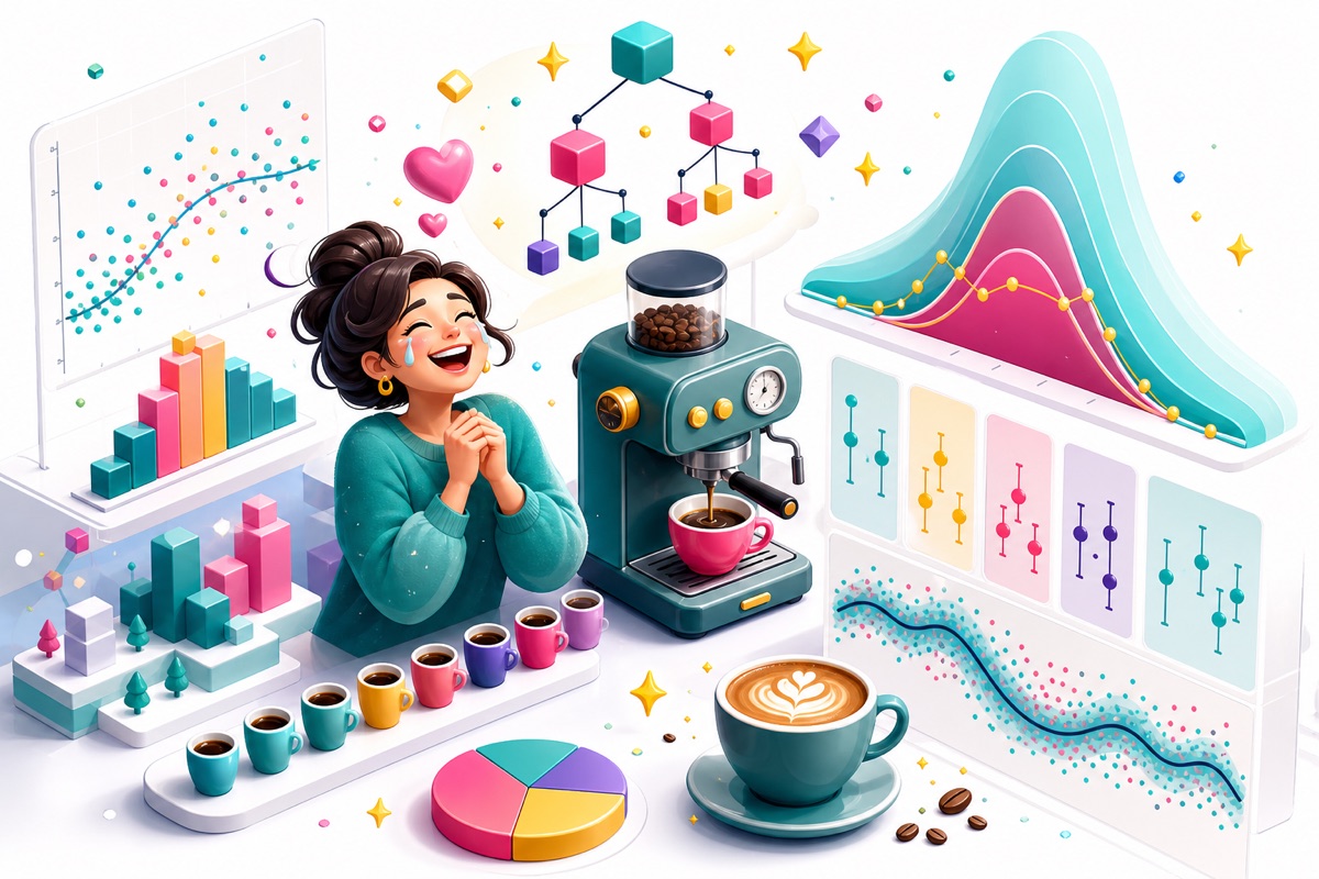 Vega preview banner: a bright isometric 3D infographic — floating bar charts, scatter plots and a Bayesian bell curve around a joyful figure and an espresso machine