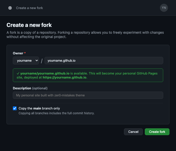 GitHub fork dialog