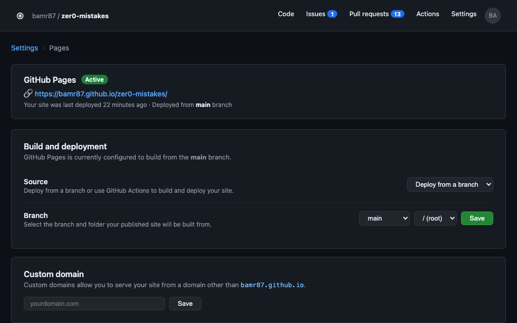 GitHub Pages settings