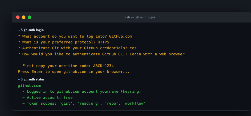 gh auth login output