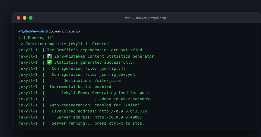 docker-compose up output showing Jekyll starting