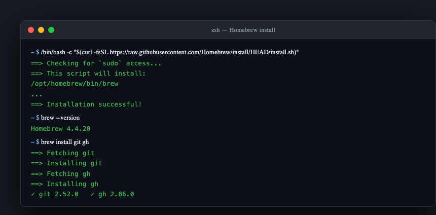 Homebrew installing git and gh